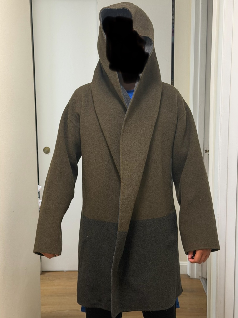 Vince Two-Tone Olive & Charcoal Hooded Wool Pea Coat
